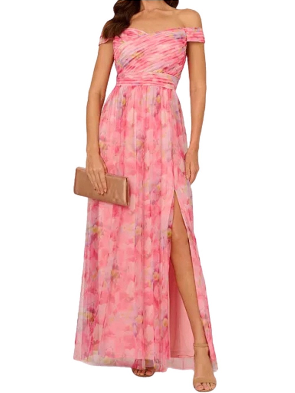 Adrianna Papell Pink Floral Off-the-Shoulder Slit Maxi Dress